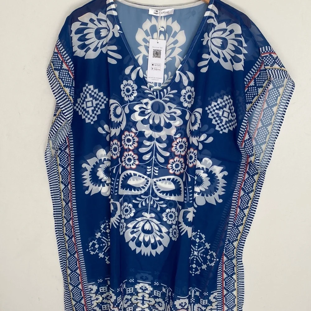 Cupshe‎ Women's Navy Blue Floral Short Sleeve Cover-Up, One Size, NWT